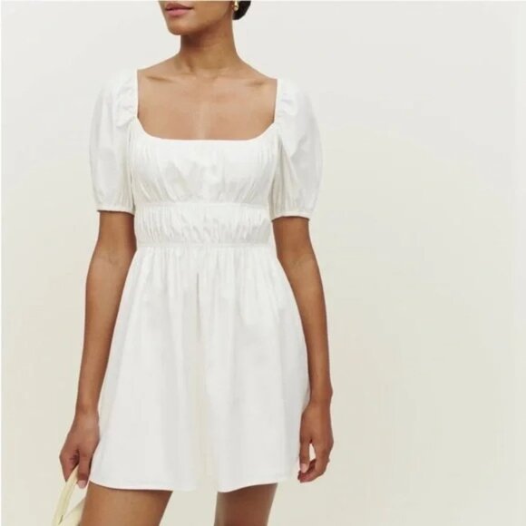 NWT Reformation Woods Cotton Mini Dress White size Large Square Neck Puff Sleeve - Picture 1 of 15